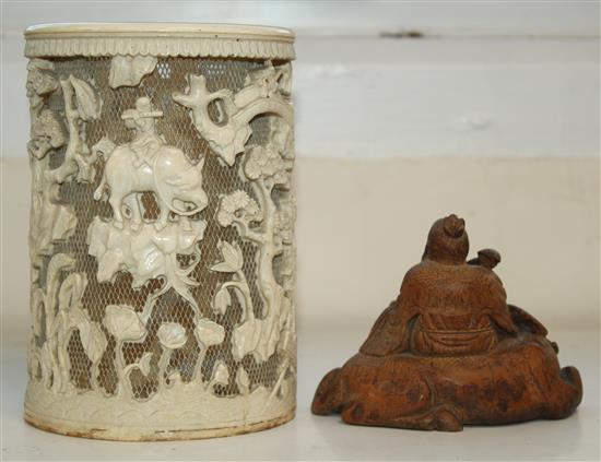 A Chinese ivory brush pot and stand and a bamboo carving, 20th century, height 9cm (2)